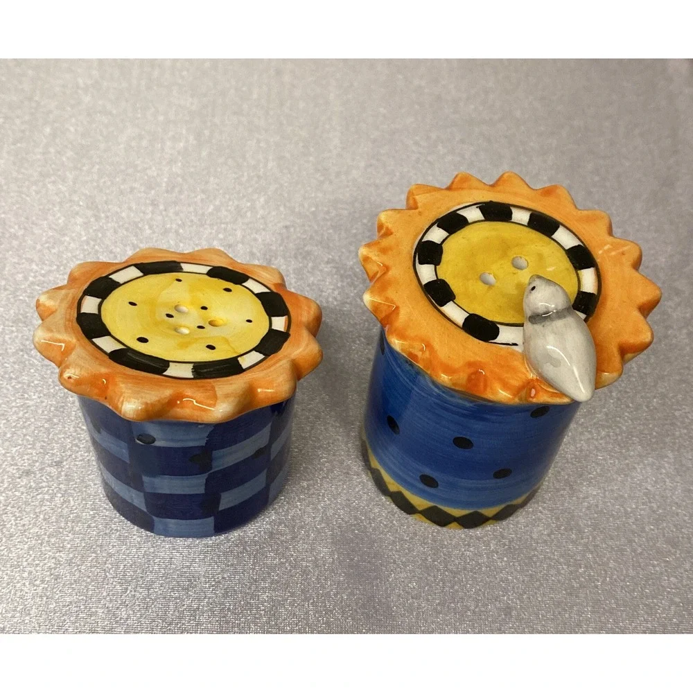 Salt & Pepper Shakers SunFlower With Bird Hand Painted 3Oz. Colorful Pre-Owned